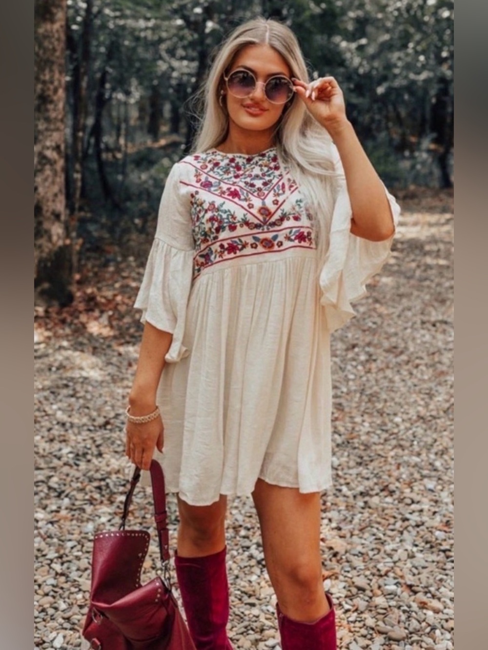 Umgee Boho Bliss Floral Embroidered Bell Sleeve Mini Dress